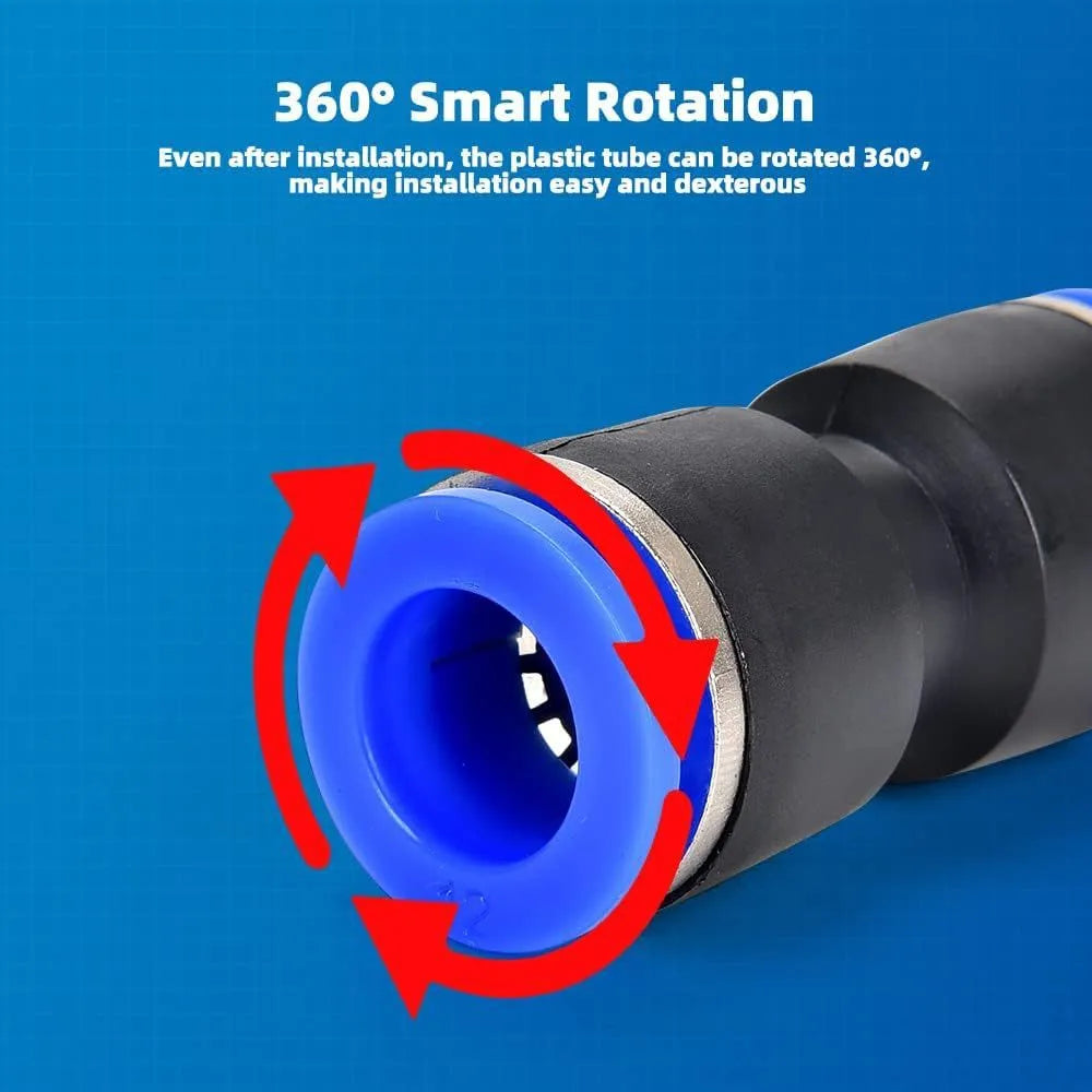 60-piece assortment of grey alloy plastic pneumatic push-in connectors with R1/4 and R1/2 sizes