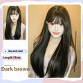 Dark brown full-head wig with long straight hair and bangs on display stand