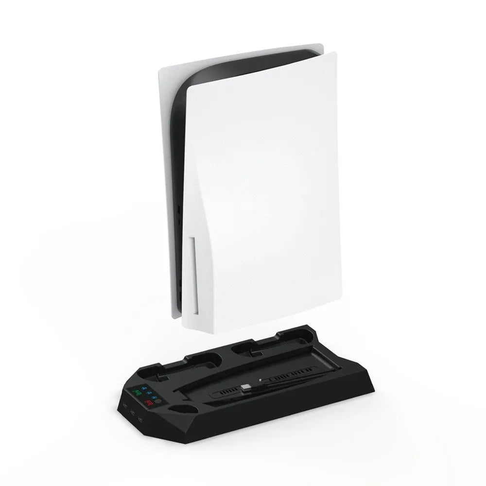 Black PS5 charging base stand holding a console upright with two wireless controllers charging in slots.