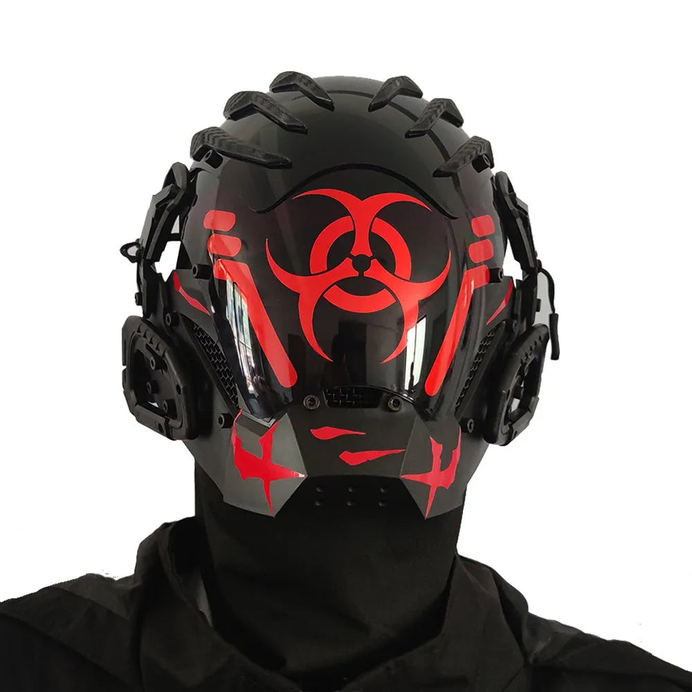Black cybernetic full face mask prop for adult costume events