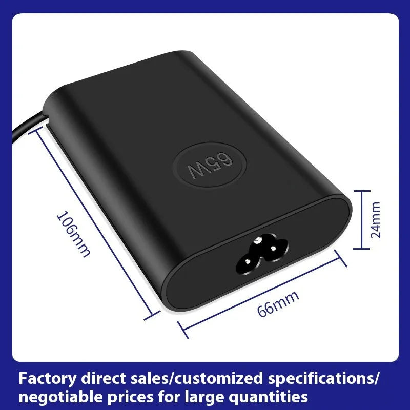 Black 65W USB-C laptop power adapter with six international plug cords for UK US EU AU SA and CN sockets