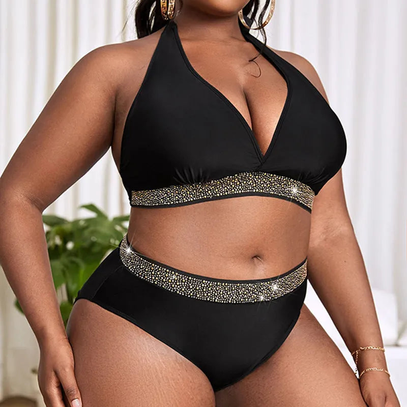 Black women's plus size bikini set with bra and shorts for swimming and hot spring use