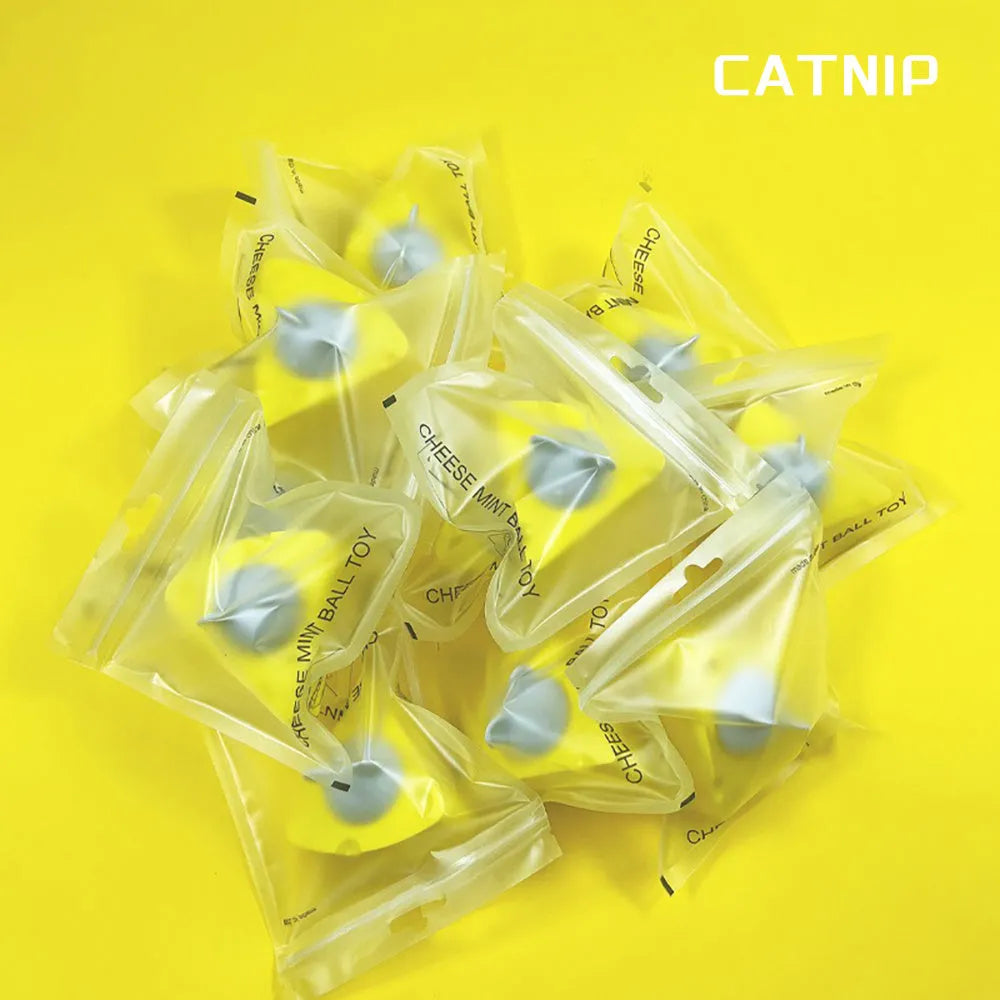 Five yellow catnip toy balls with silvervine sticks for cat dental cleaning and play