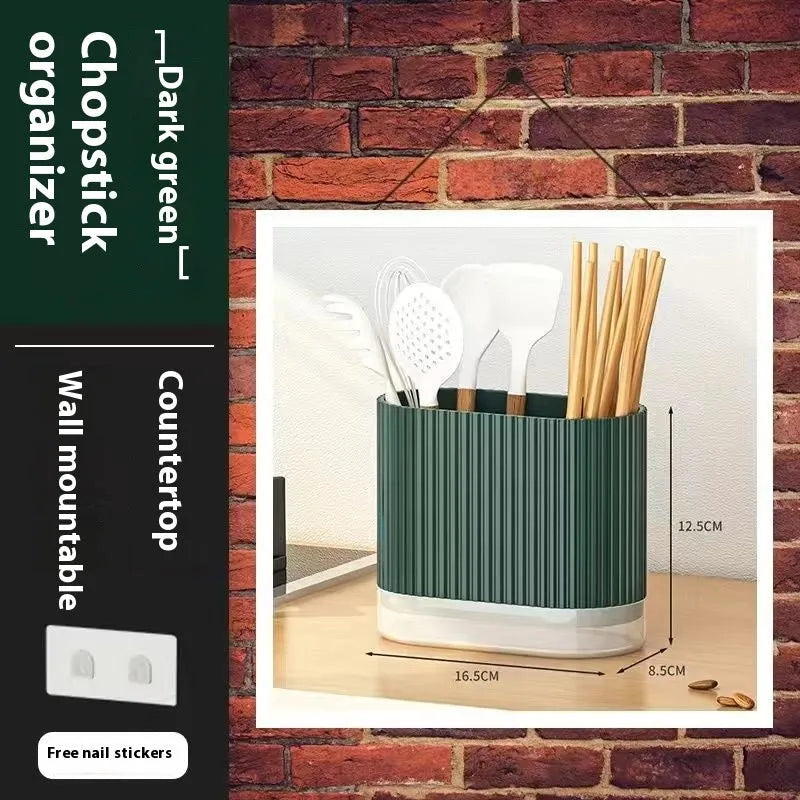 Plastic wall-mounted chopstick tube holder with drainage channels in beige, green or orange colours