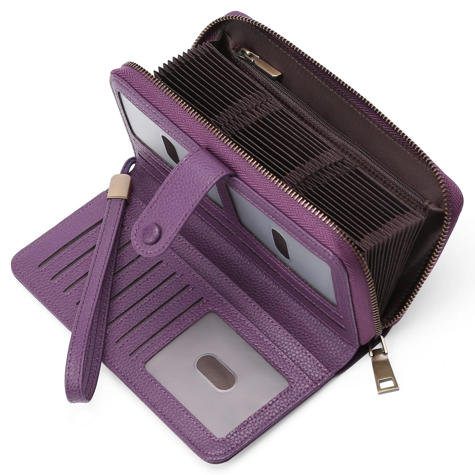 Expanding card holder women long wallet passport bag in light brown PU leather with anti-theft feature