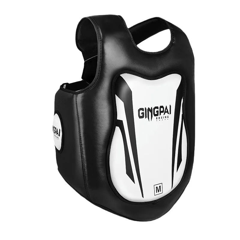 Sanda chest protector in PU, thickened vertical design for chest and belly, red white blue white black white, sizes S M L
