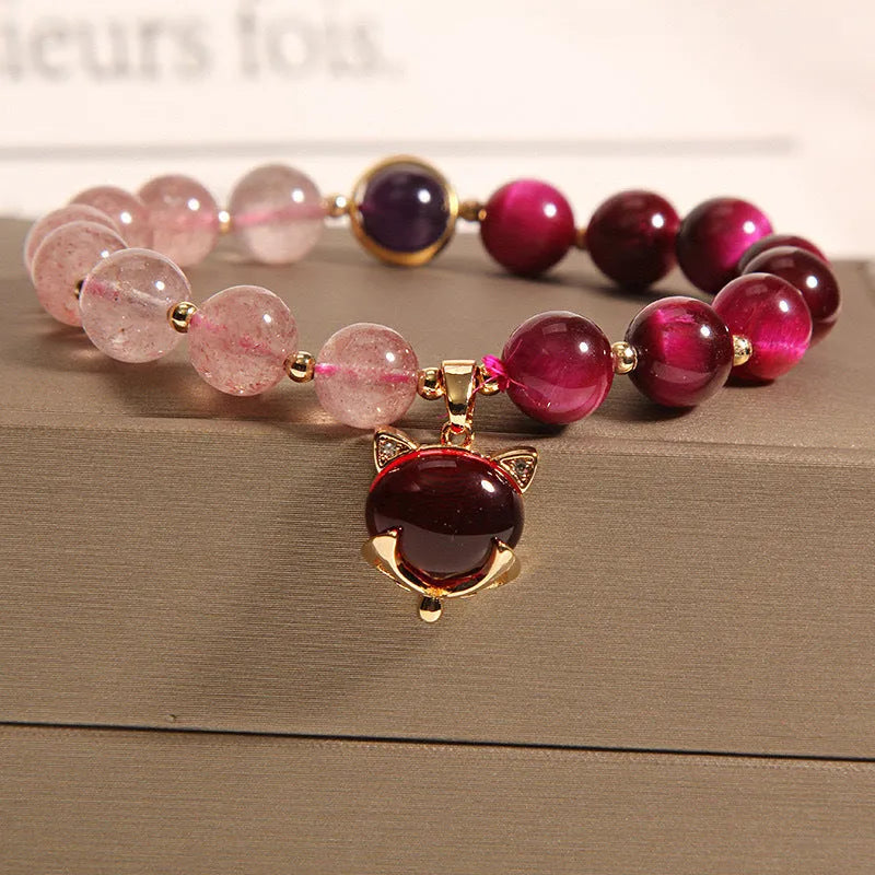 Simple strawberry crystal bracelet on elastic rope for women, 18cm size.