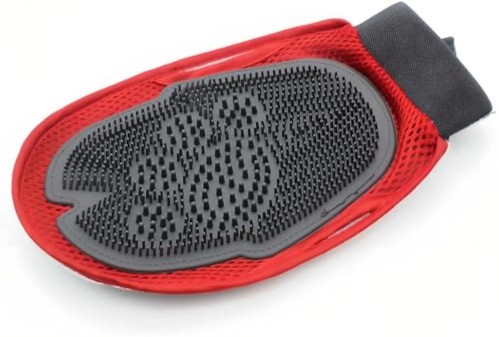 Red pet bathing glove with integrated cleaning brush for dog or cat grooming
