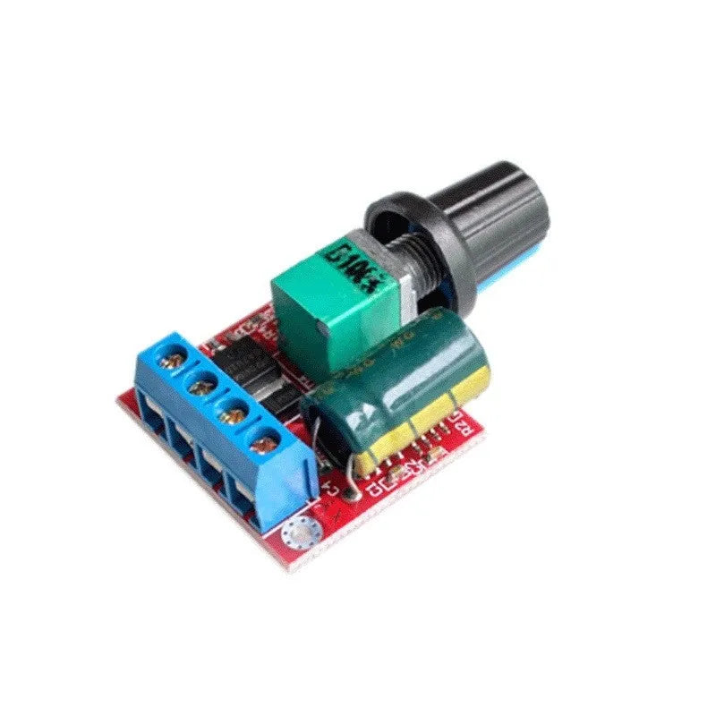 PWM DC motor governor for 5V-35V speed regulation with potentiometer knob and compact design