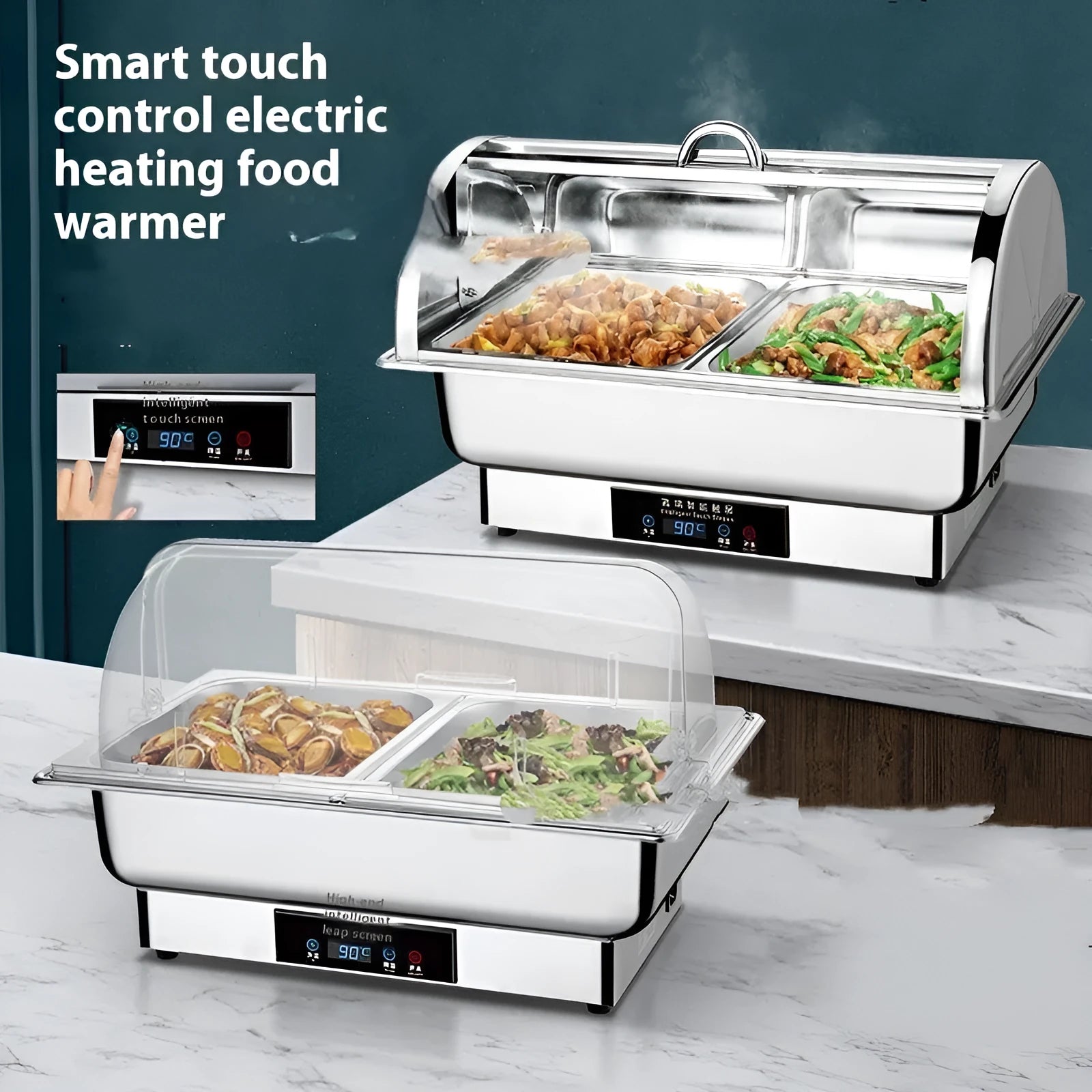 Stainless steel electric buffet food warmer with transparent flip lid and LCD control screen.