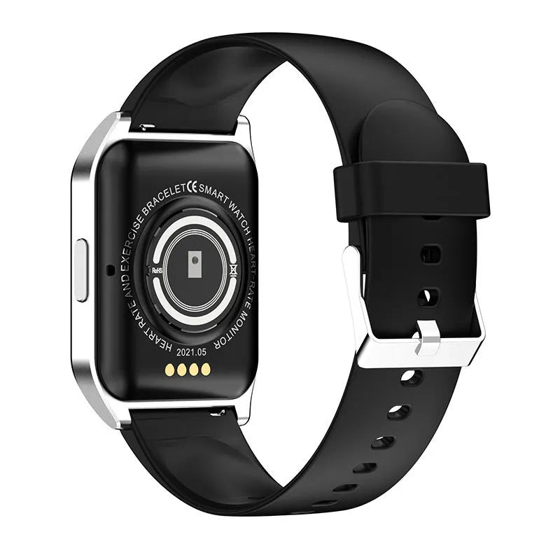 Smart watch with 1.69-inch screen showing heart rate display on silicone wristband