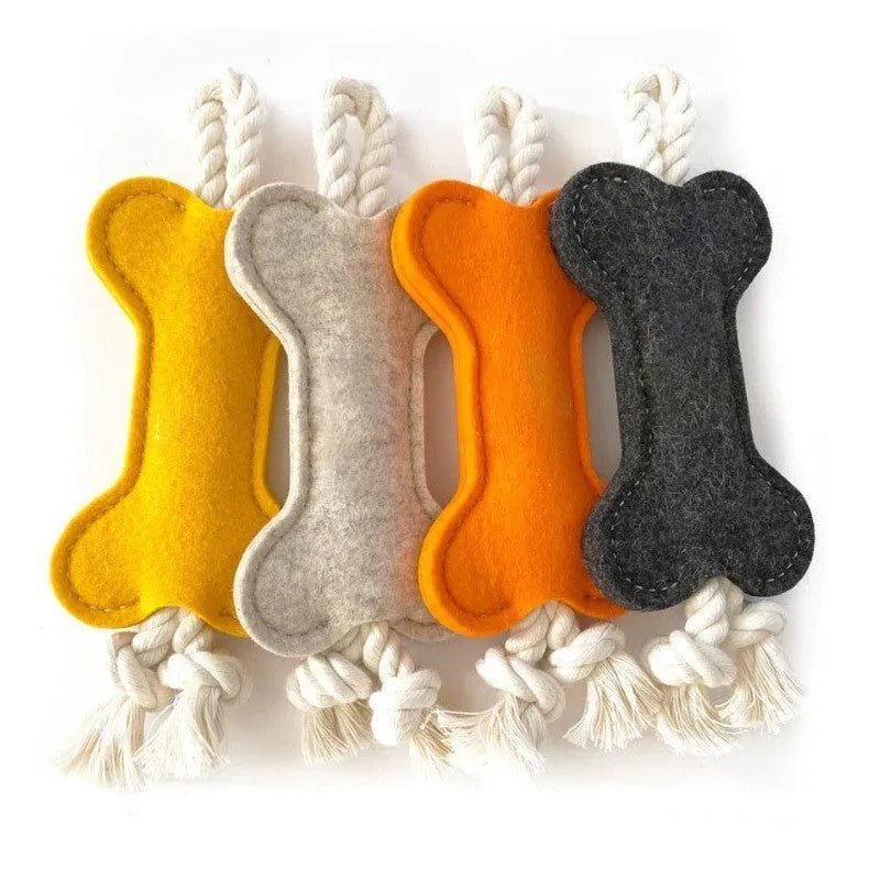 Bone shaped dog chew toy with rope knot construction in blue colour on white background