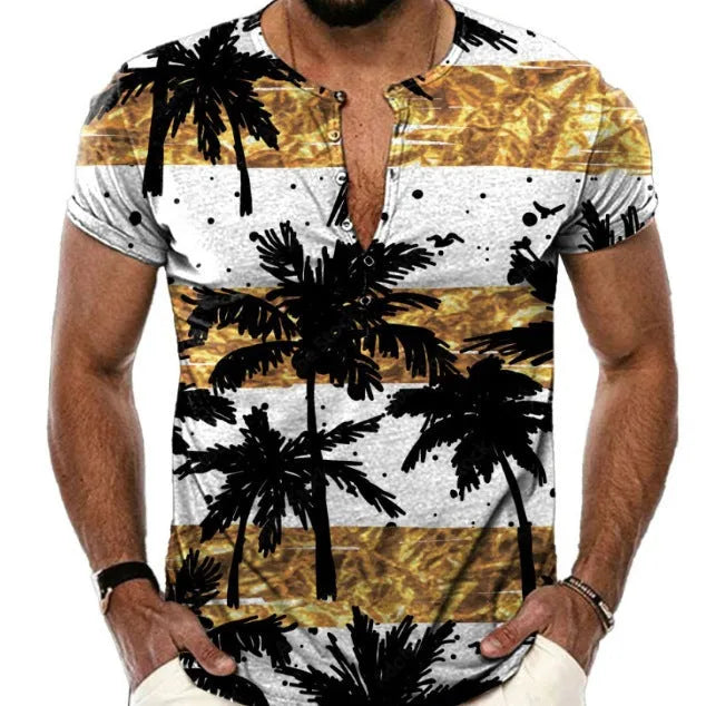 Men's grey short sleeve sports shirt with a 3D printed abstract colour pattern and a lapel button.