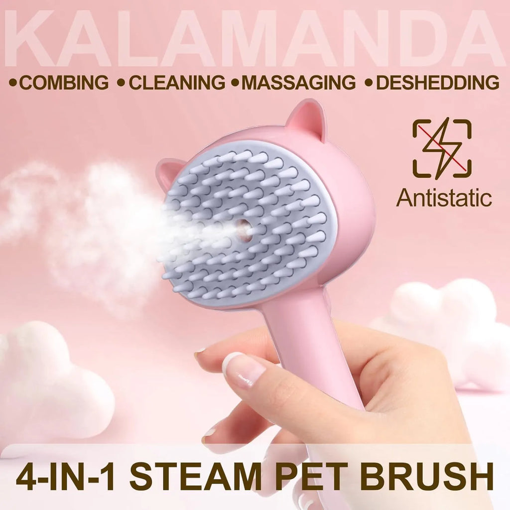 Blue pink yellow cat steam brush with ergonomic handle and release button for pet grooming