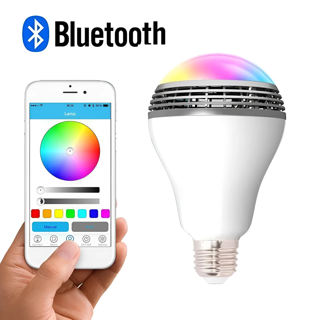 Smart LED E27 bulb with integrated Bluetooth speaker showing RGB lighting effects