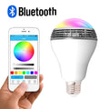 Smart LED E27 bulb with integrated Bluetooth speaker showing RGB lighting effects