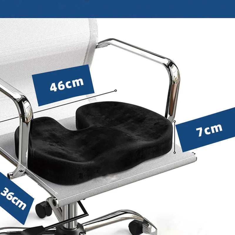 Black flannel U-shaped memory foam seat cushion for office chairs, showing contoured design.