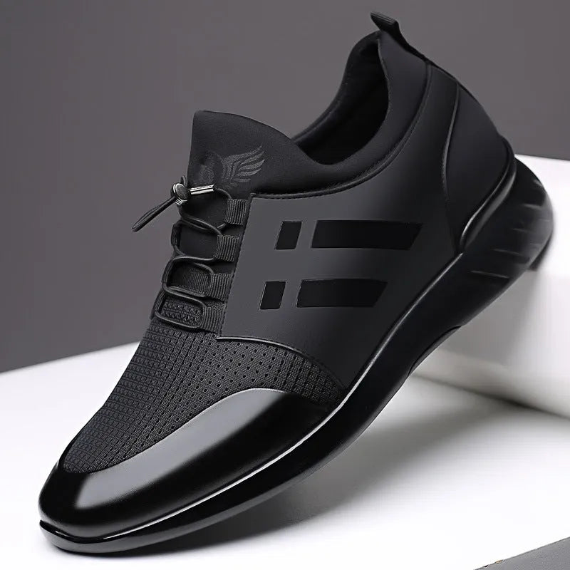 Men's black casual shoes with concealed chunky heel for height increase, shown in leather, Lycra, and mesh upper options.