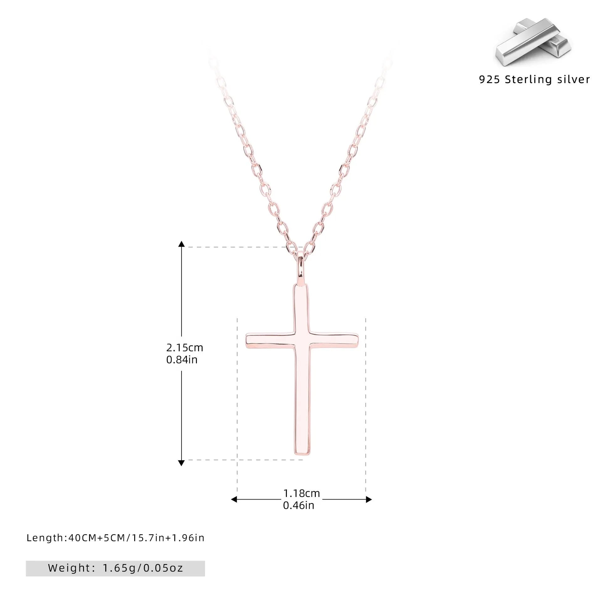 S925 sterling silver cross pendant necklace on adjustable O-shaped chain with three plating options