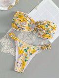 Women's floral print bikini set with lace tube top in blue, pink, yellow, or colourful options.