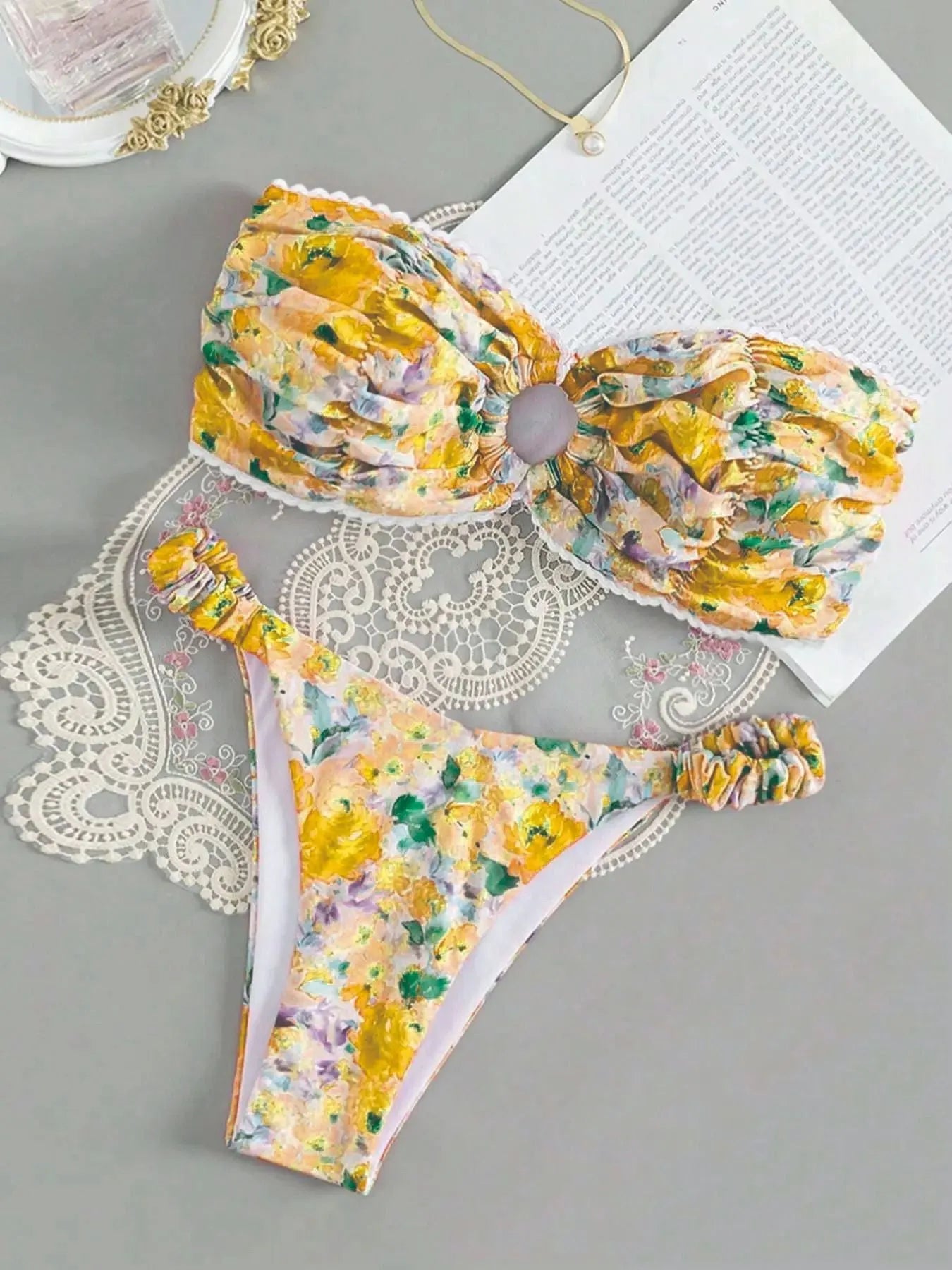 Women's floral print bikini set with lace tube top in blue, pink, yellow, or colourful options.