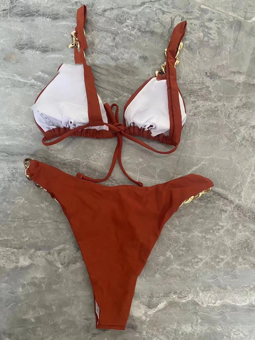Brown tube top bikini set with ring tether and push up design for women swimming