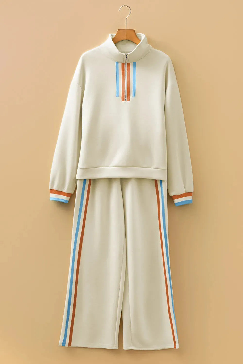 Apricot striped patchwork quarter zip pullover and loose pant set for women, sizes S to XL