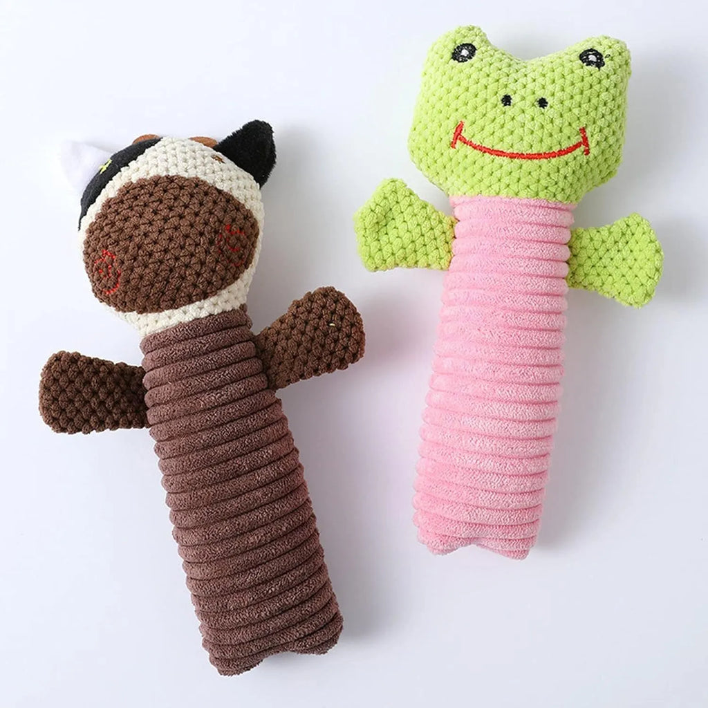Squeaky stuffed animal dog chew toy for dental care, shown in calf, frog, or puppy design.