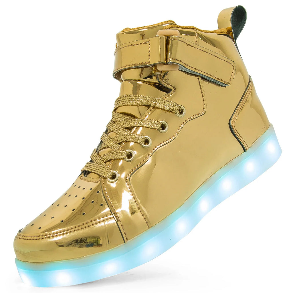 Pair of LED high-top board shoes with lights on, showing Velcro fastening and rubber sole.