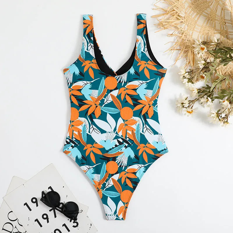 Women's high waist one-piece bikini swimsuit with printed pattern and quick-drying polyester fabric