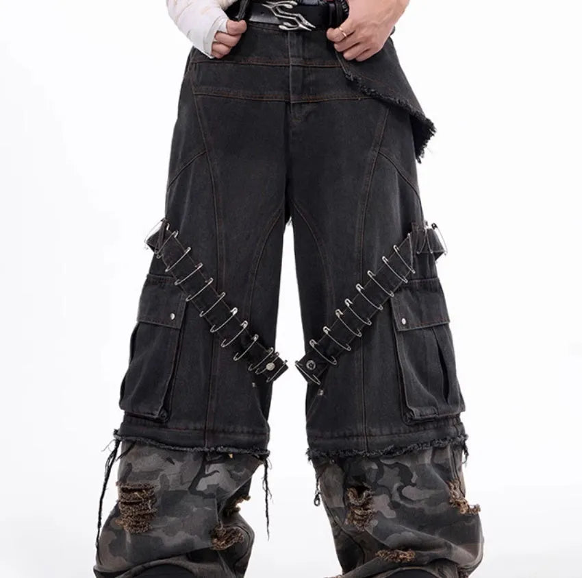 Men's grey jeans with camouflage splicing pattern and pin ribbon detailing