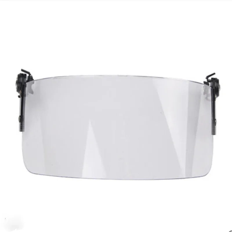 Transparent polycarbonate helmet-mounted face shield with guide rail attachment