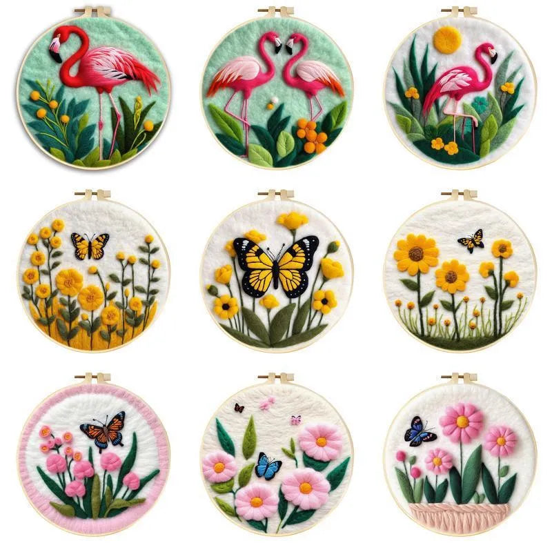 Round embroidery kit with wool felt floral components and 20x20cm linen frame