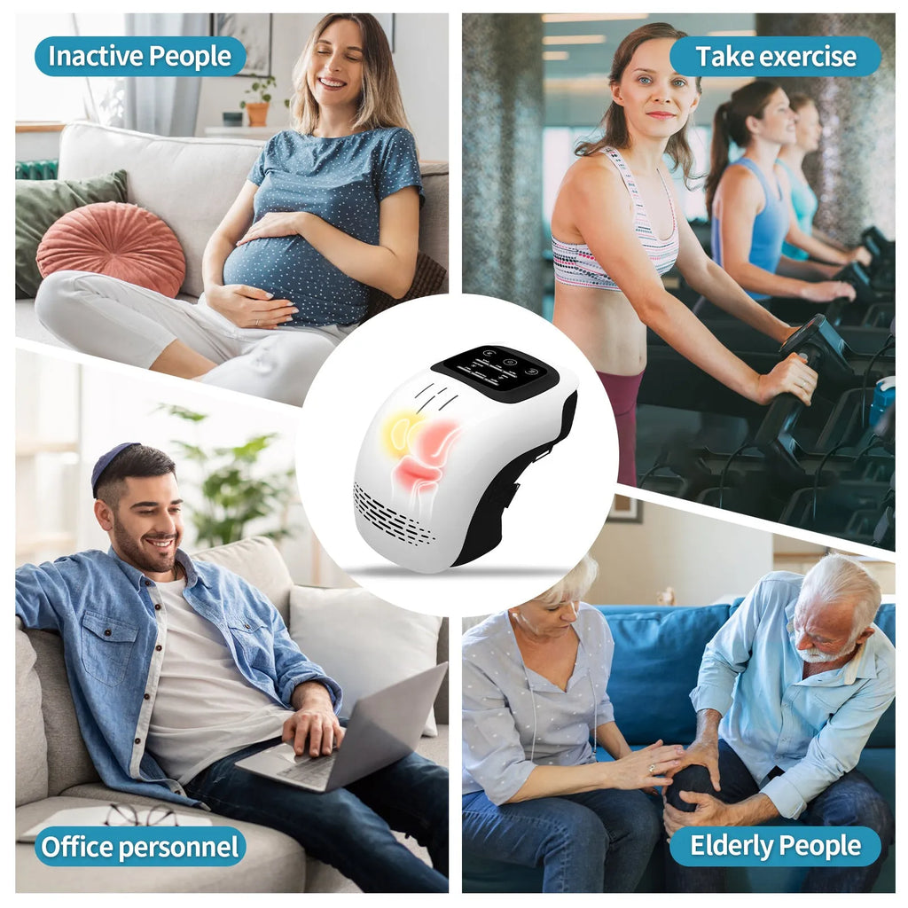 White rechargeable electric knee massager showing wrap design for infrared heat and vibration therapy.