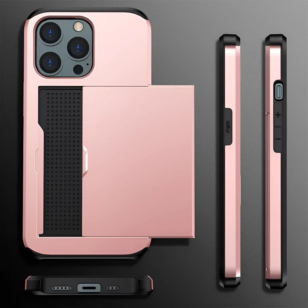 Sliding card wallet phone case in matte finish showing card slot and raised camera protection for iPhone