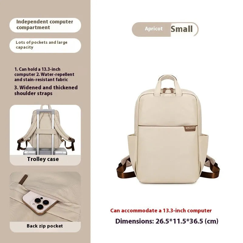 Large canvas travel backpack in apricot colour showing external pocket and urban style.