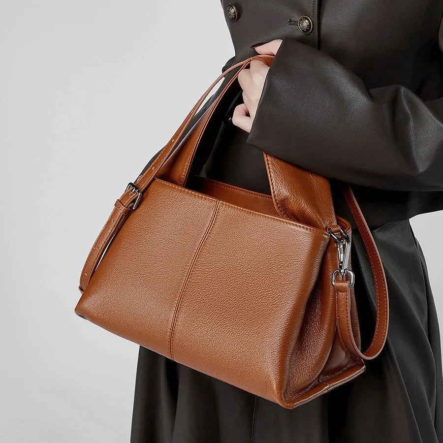 Women's solid colour retro texture cowhide leather messenger bag in horizontal square shape