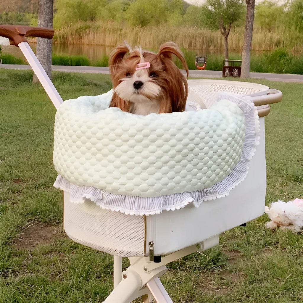 Pure cotton pet stroller cushion set with removable towel, pillow, and floral patterned cover