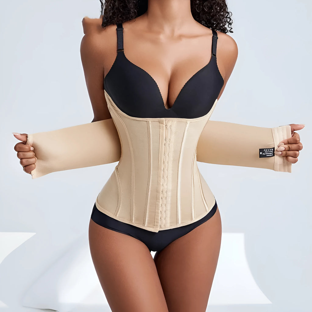 Nylon belly band waist trainer with adjustable tie in black and apricot colours on size chart