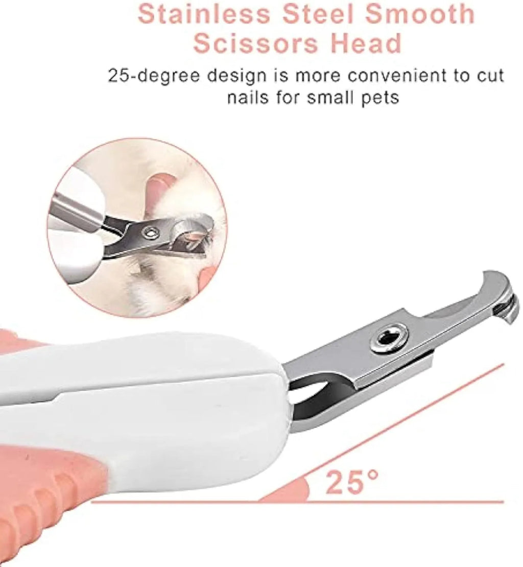Grey and pink cat nail clippers with a safety lock and angled stainless steel blade on a non-slip rubber handle.
