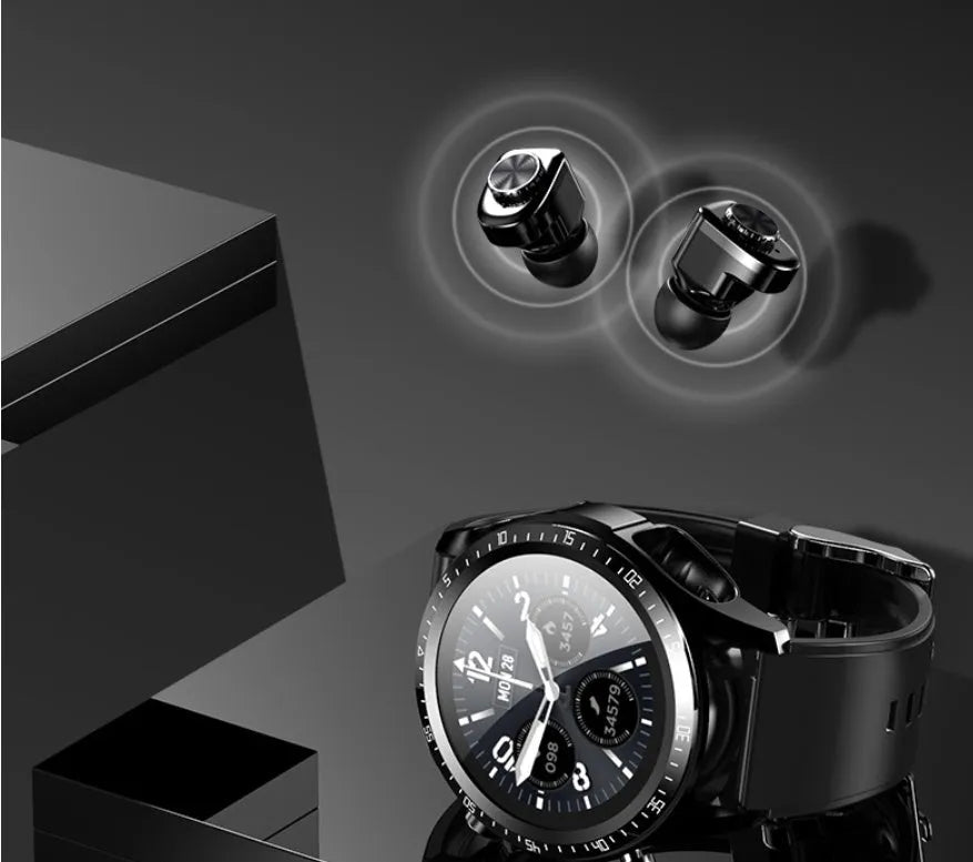 Black smart watch with blood pressure monitoring on silicone wrist strap showing 1.28-inch screen