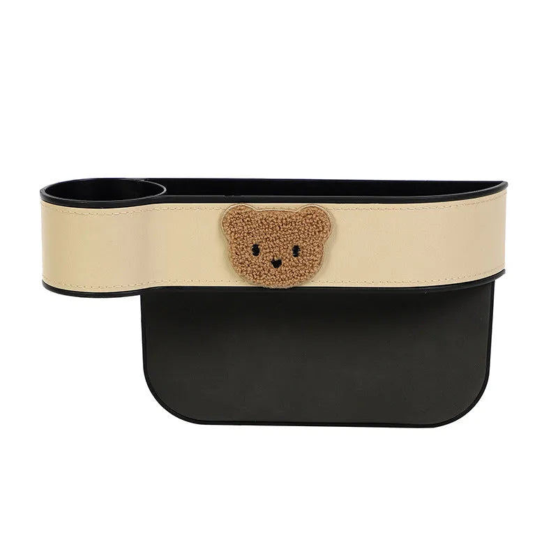 Cartoon bear car seat gap storage box in PU leather with hanging design for vehicle organisation