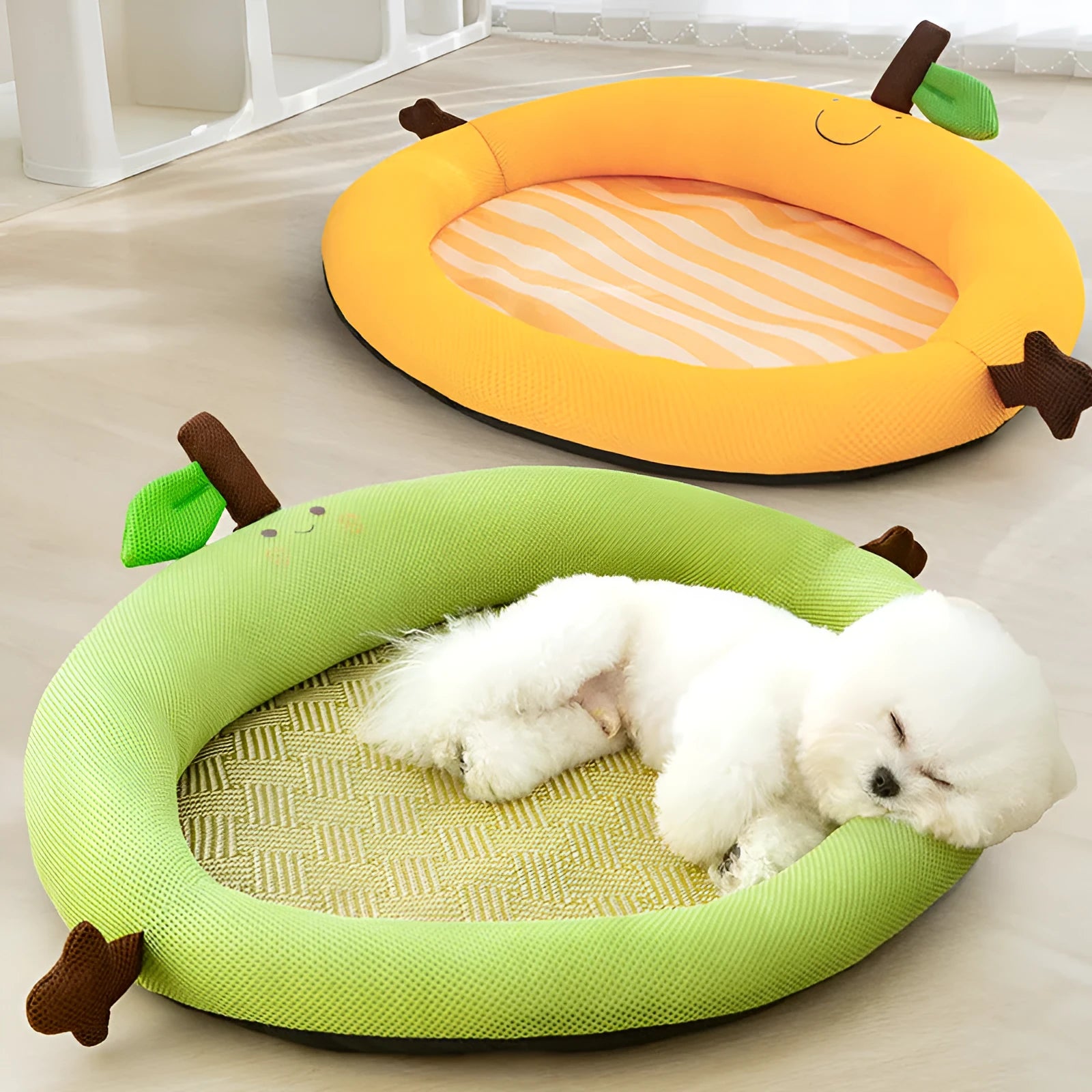 Green fruit backrest pet nest mat for dogs and cats with raised edge border in large size.