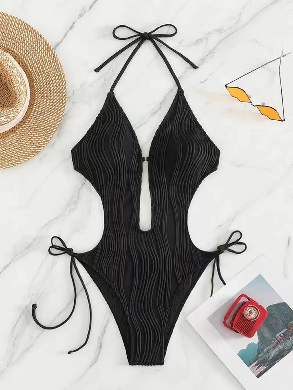 Women's black lace up triangle bikini swimsuit with solid colour polyester fabric