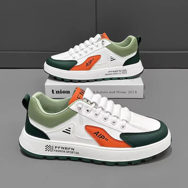 Men's casual sports shoes with artificial PU upper in solid color white and black round toe design