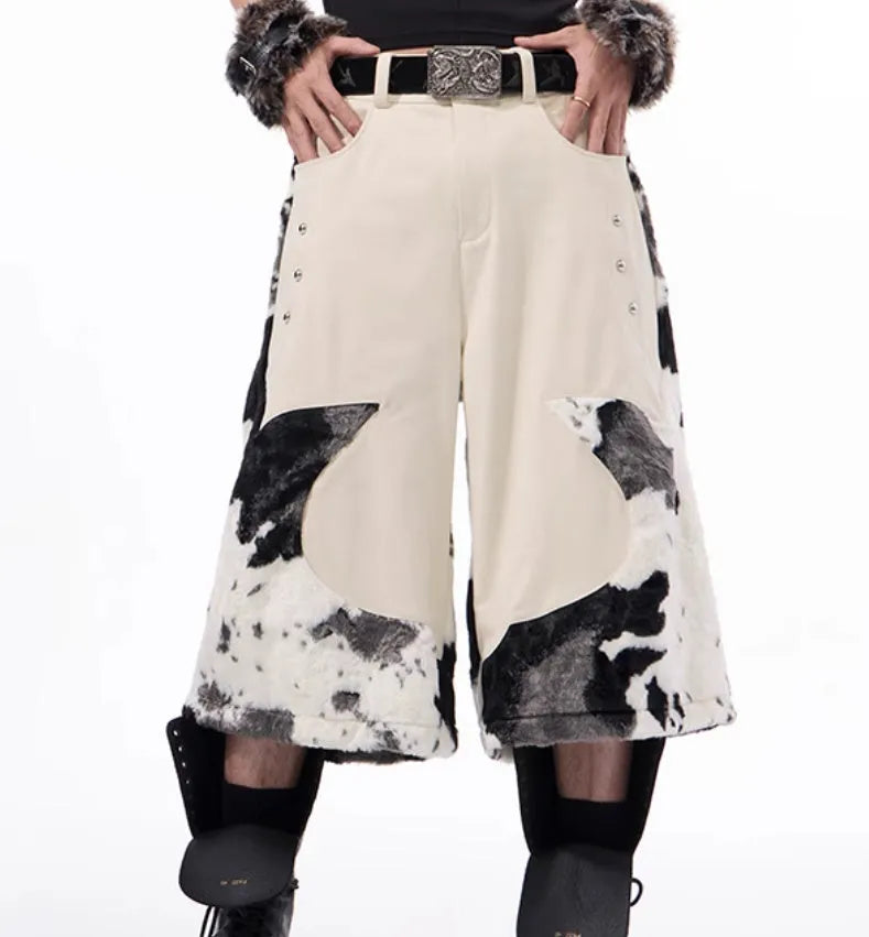 Women's milk fibre cropped trousers with fur detailing in checkered, striped or printed patterns