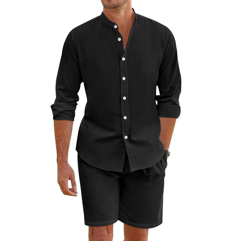 Men's dark grey short sleeve button-down shirt and matching drawstring shorts casual summer suit