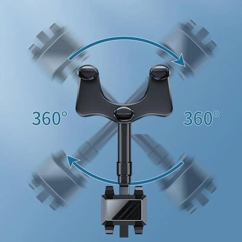 Black rearview mirror phone holder with telescopic arm and four-claw phone grip mounted on a car mirror