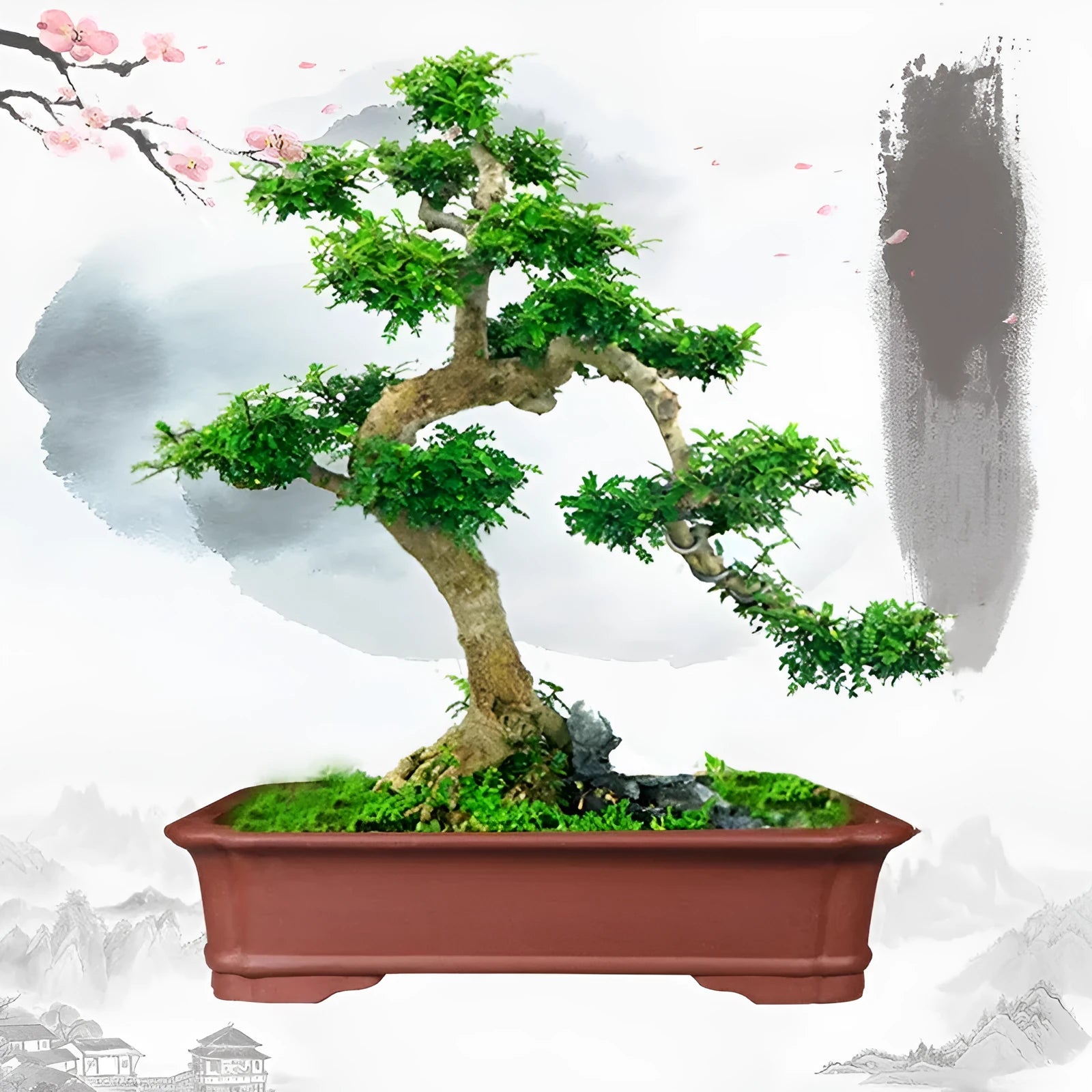 Large rectangular purple clay flowerpot for bonsai or garden plants, shown in a garden setting.