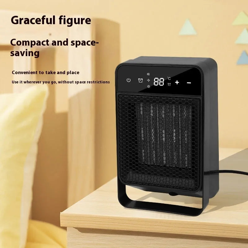 Black desktop warm air blower with digital touch screen display and remote control on wooden desk